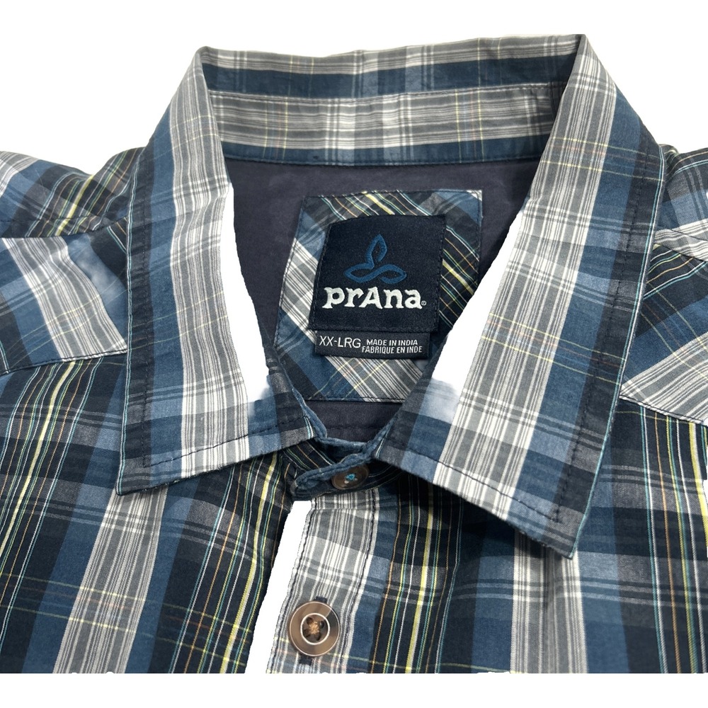 Mens Prana Murdock Slim Fit Large Blue Ash Yarn Dyed Plaid Short Sleeve Sz 2XL